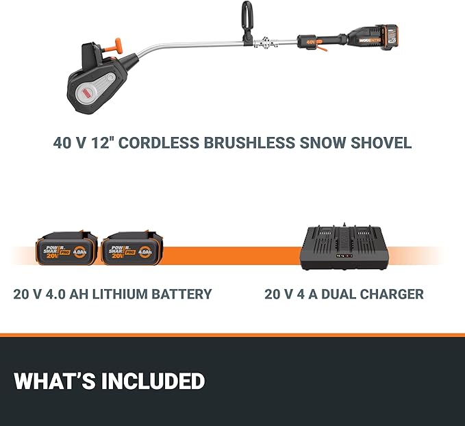 WORX Nitro 40V 12'' Electric Snow Shovel, 4-Car Driveway Cordless Snow Thrower, 2 Speeds Brushless Motor, Adjustable Front Handle, 4.0 Ah Battery and Charger Included, WG460