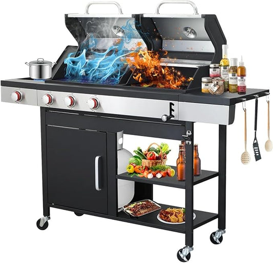 3-Burner Propane Gas and Charcoal Combo Grill with Side Burner - 37,230 BTU, Stainless Steel, Enameled Cast Iron Grates for Outdoor BBQ