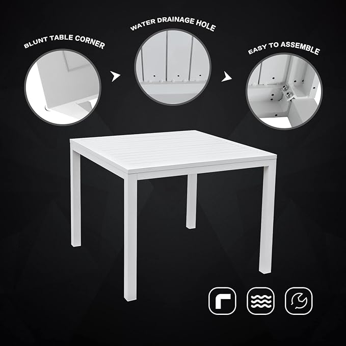 36 Inch Aluminum Outdoor Dining Table - Square Patio Table for 4-Person, Weather-Resistant Dining Table Furniture for Lawn Backyard Garden Deck Kitchen Indoor Outdoor Use (White)