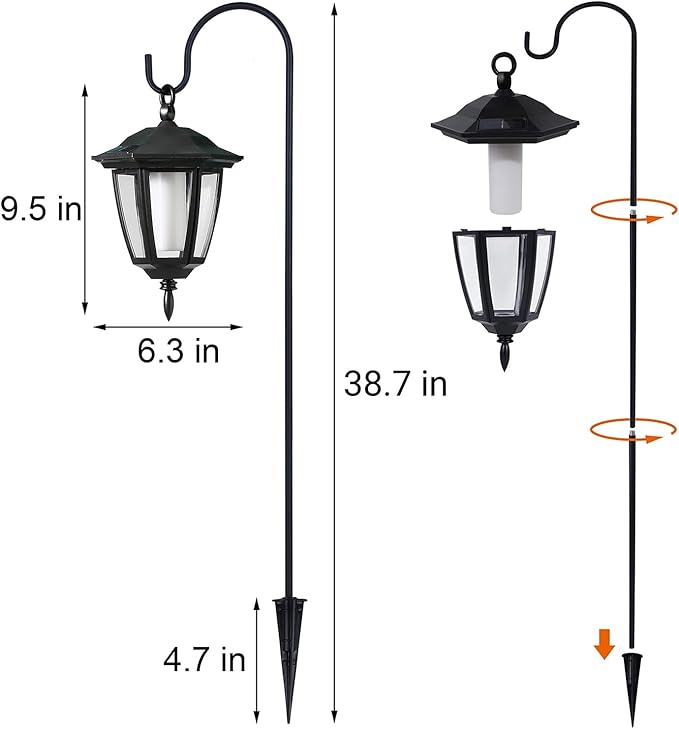 Dynaming 4 Pack Solar Halloween Flame Hanging Lights Outdoor, Flickering Flame LED Garden Lanterns with 4x38 Inch Shepherd Hooks, Landscape Lighting Waterproof for Lawn Yard Pathway Driveway, Purple