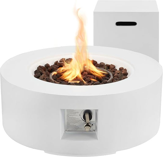 ECOTOUGE 2-Piece Gas Fire Pit, Outdoor Propane Firepit Table Set w/Tank Cover, 30''Auto-Ignition Round Steel Fire Table, 50,000 BTU Concrete fire Pit w/Weather-Resistant Pit Cover, Lava Rocks, White