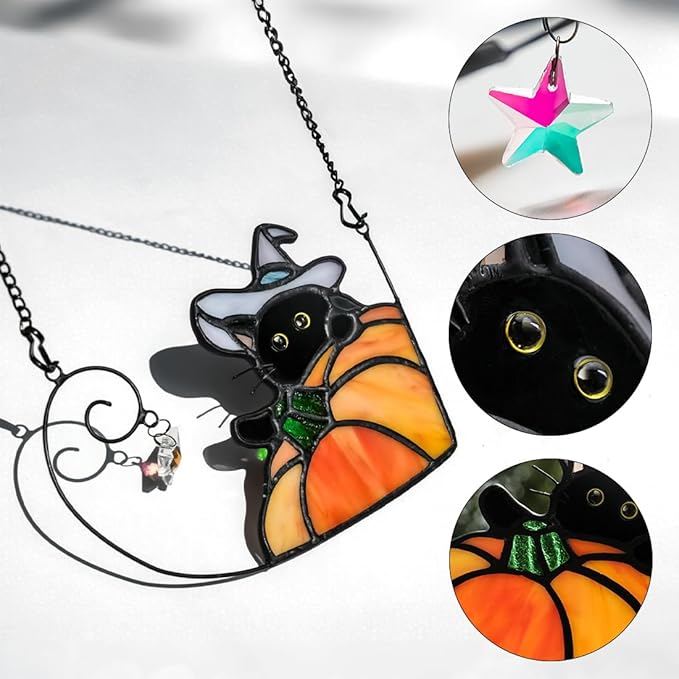 BOXCASA Black Cat Decor Stained Glass Window Hangings Pumpkin Ornament,Halloween Decor Witch Hat Cat Suncatcher for Window,Colorful Crystal Star Halloween Cats Themed Gift for Cats Lover