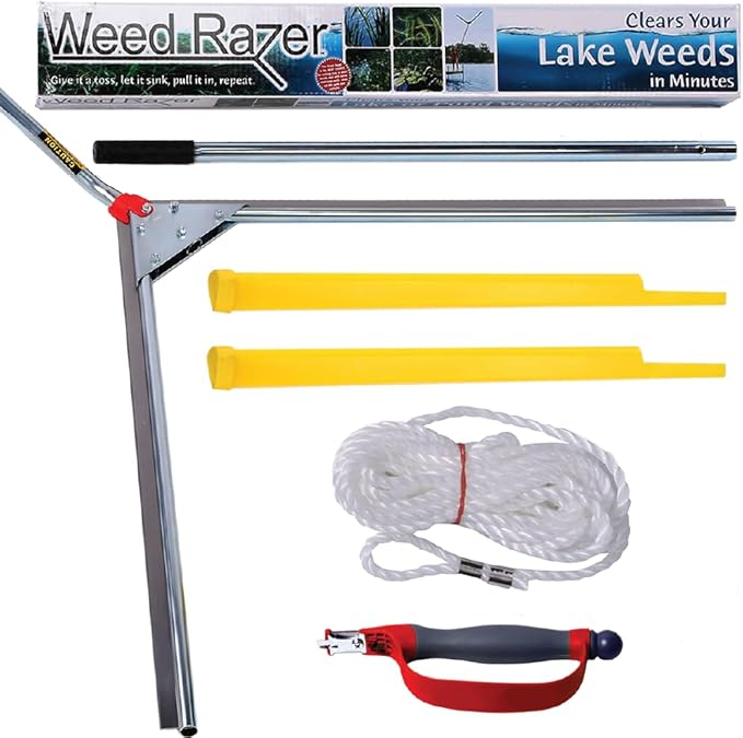 Jenlis The Original Weed Razer, Lake Weed Cutter, Large Pond Aquatic Plant Cutting Tool, Long and Sharp Razor Blades Shear Cattail, Reed, Lilly & Chara Algae, 48 Inch Cut Width, 25 Foot Throw Rope