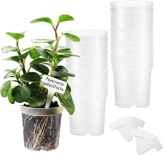 4.3 Inch Clear Nursery Pots for Plants, Transparent Plastic Plant Pots with Drain Holes, Seed Starter Pots with 20 Plant Labels for Flowers Vegetable Seedlings 20 Packs