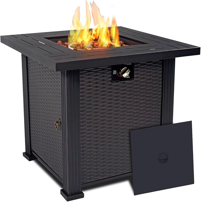 28'' Propane Fire Pit Table, 50,000 BTU Fire Table with Steel Lid, Big Legs, Laval Rocks.