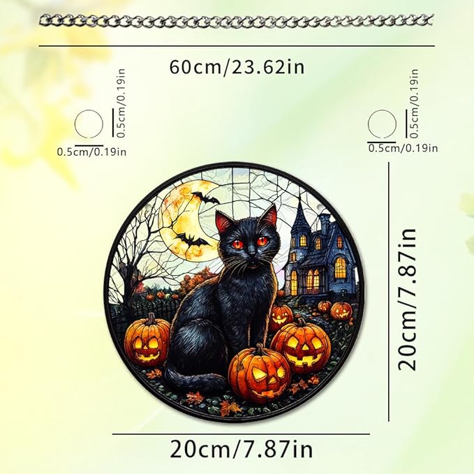 Halloween Sun Catcher - 8 Inch Round Suncatcher for Window Hanging Decoration - Creates Indoor Rainbows Light Refraction - Spooky Ghost, Witch, Pumpkin Design - Suction Cup Hook & Chain