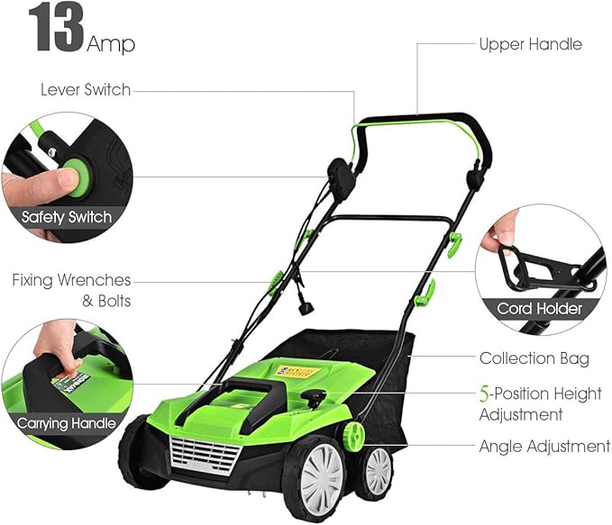 Goplus 2-in-1 Electric Corded Lawn Dethatcher with 5 Cutting Heights, 15-Inch 13 Amp Electric Scarifier w/ 13.5 Gallon Collection Bag, 2 Removable Blades for Garden Yard