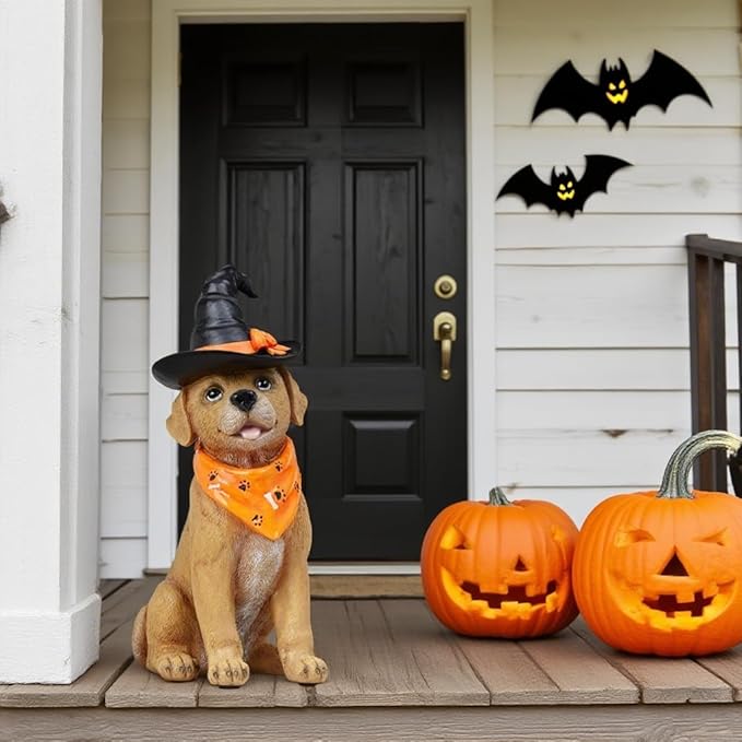 Halloween Decorations Indoor Dog Statue - Halloween Decor Figurine for Outdoor Indoor Mysterious Gothic Tabletop Puppy Sculpture Witch hat, Spooky Gifts Ghost Garden Decorations Rottweiler 5x7x13INCH