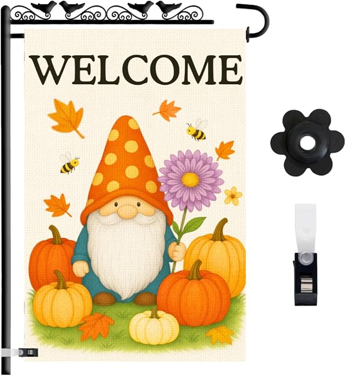 Fall Gnome Pumpkin Garden Flag 12x18 Double Sided – Burlap Front Yard Flag, Garden Flag Welcome, Weatherproof Farmhouse Outdoor Decor