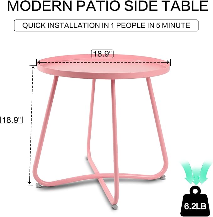 Babion Pink Round Side Table for Outdoor Patio, Yard, Garden, and Indoor Use - Small Steel Accent End Table
