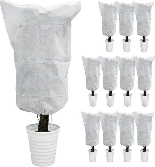 EAONE 12 Pack Plant Covers Freeze Protection, 32x47'' Winter Frosts Cloth for Outdoor Plants, Reusable Frost Blankets Drawstring Bags for Cold Freeze Sun Protection Bird Insect Prevention,White