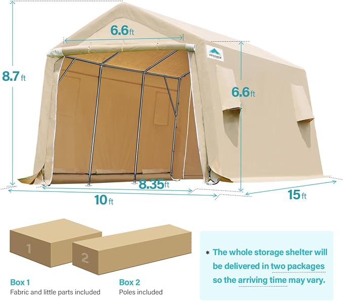 ADVANCE OUTDOOR 10X15 ft Garage Shelter Steel Metal Peak Roof Portable Storage Shed Carports for Motorcycle Boat, or Garden Tools with 2 Roll up Doors & Vents, Beige