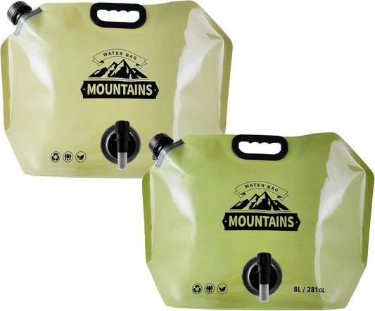 Collapsible 8L Water Storage Bag, BPA-Free Portable Folding Water Jug with Adjustable Faucet, Leakproof Emergency Water Bag for Camping, Hiking, Riding, Outdoor Sport (BEIGE & GREEN, 2)