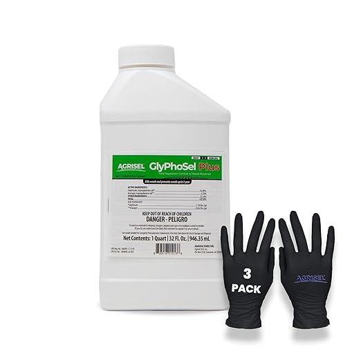 GlyPhoSel Plus Weed Killer, Post Emergent, Long-Lasting Action, Eliminates Tough Weeds from Leaf to Root, for Non-Crop Areas, Includes 3-Pack of Agrisel Protective Gloves, 32 Ounces