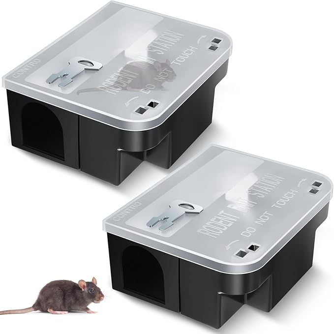Qualirey 2 Pcs Rat Bait Station 8.86 x 7.28 x 3.62 Inches Rat Traps with Openable Lid, Blocks Boxes with Keys for Big Mouse, Keeps Children and Pets Safe Indoor & Outdoor, Bait Not Included (Clear)