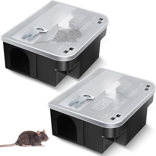 Qualirey 2 Pcs Rat Bait Station 8.86 x 7.28 x 3.62 Inches Rat Traps with Openable Lid, Blocks Boxes with Keys for Big Mouse, Keeps Children and Pets Safe Indoor & Outdoor, Bait Not Included (Clear)