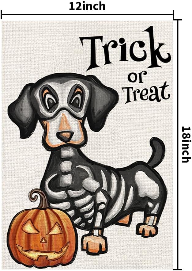 Halloween Trick or Treat Garden Flag Ghost Dog 12x18 Inch Small Double Sided Burlap Welcome Yard Dachshund Skeleton Outside Decorations DF342