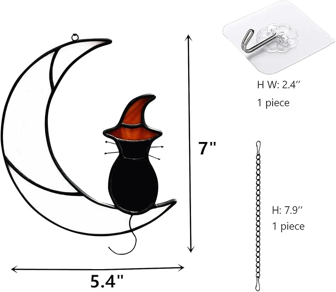 Stained Glass Halloween Black Cat Decor Gifts for Cat Lovers Memorial, Handmade Gothic Witch Hat Stained Glass Window Hangings Suncatcher for Windows Ornament Decoration.