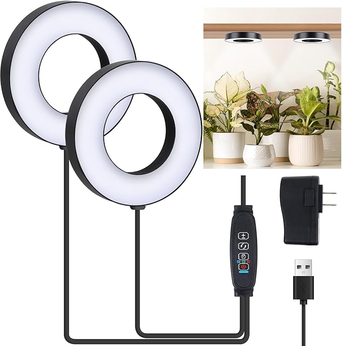Grow Light for Indoor Plants, 96 LEDs Full Spectrum Halo Plant Light with Auto On/Off Timer (4/8/12H), 10-Level Dimmable, 3 Lighting Modes for Small Plants, Succulents (Black, Dual Head)