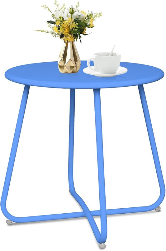 Babion Blue Outdoor Side Tables, Small Outdoor Table, Round Patio Side Table Steel, Small Accent End Table for Patio Yard Garden, Indoor & Outdoor