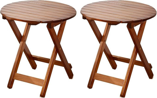 Small Round Folding Side Table Set of 2, Patio Foldable Wooden Outdoor End Tables for Indoor Porch Camping Living Room Bedside Couch, as Coffee Table or Plant Stand, Brown