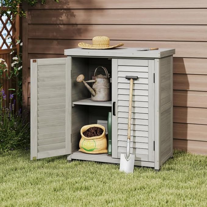 Potting Bench with Storage Cabinet and Metal Table Top for Outdoor Patio, Garden Furniture Wood Workstation Grey 31x17x36''