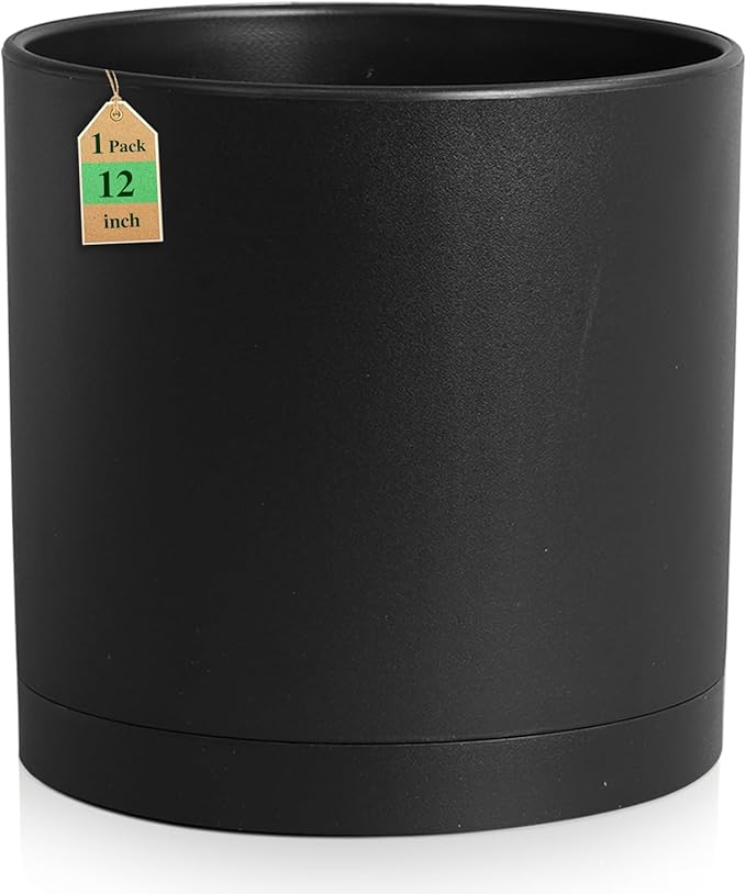 Cylinder 12 inch Plant Pots, Mordern Plastic Planters with Drainage Holes and Saucers for Indoor Outdoor Plants Flowers, Black