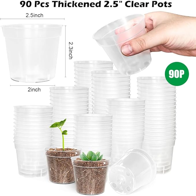 Seed Starter Tray Unit, 5-Tier Plant Stand with 4 LED Grow Lights & 90 Pack 2.5 Inch Clear Nursery Pots – for Indoor Gardening, Herb, Seedling Kits & Small Greenery