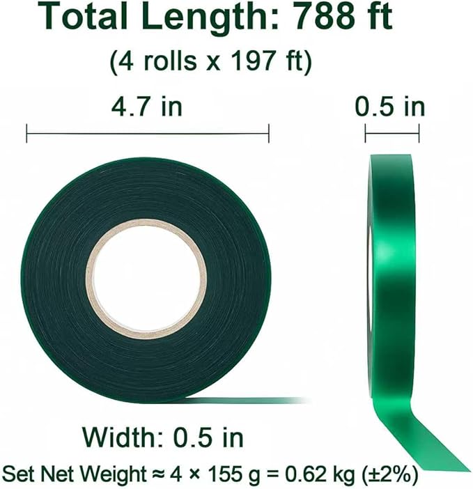 0.5 Inch Plant Tie Tape, 4 Rolls (788 ft Total) – Stretch Vinyl (PVC) Garden Ties for Stems & Poles, Non-Adhesive; Mesh Storage Bag + 1 Binder Clip Included (788 ft)