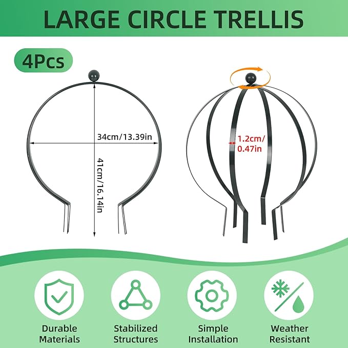 4 Pcs Large Metal Circle Trellis 17 x 13 Inch Garden Sculpture Globe Trellis for Climbing Plants Outdoor Potted Round Planter Decor Flowers Support Holder for Patio Courtyard Doorway