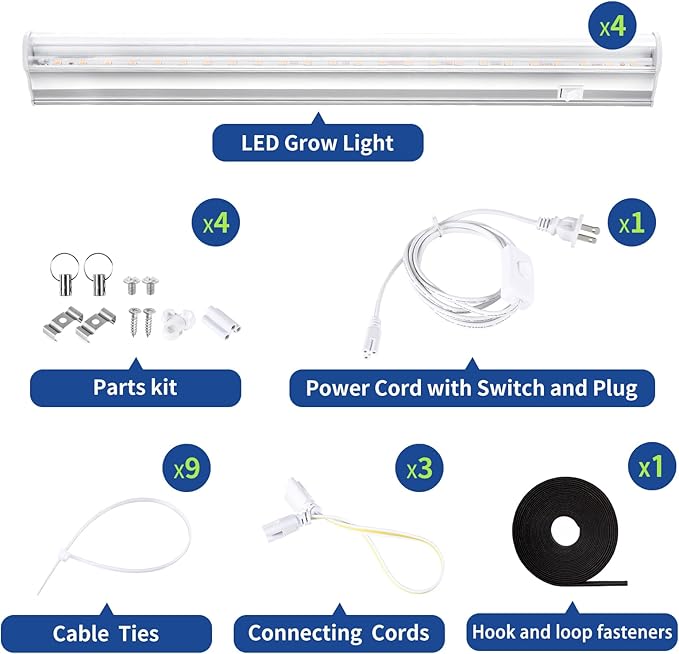 Indoor Plant Grow Light, Warm 3000K Full Spectrum LED Grow Lamp, 1FT T5 4-Pack Plant Grow Light with Side Switch, Suitable for Greenhouse Seed Starting, Vegetables, Plug and Play