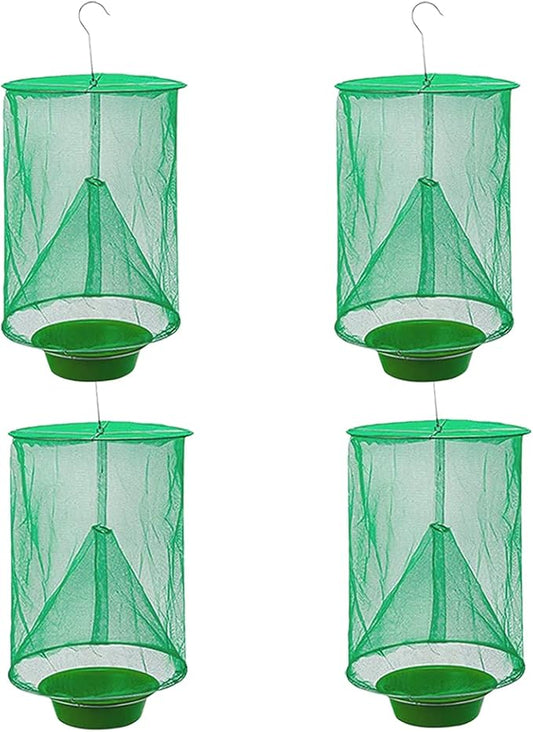 Ranch Fly Trap Outdoor Hanging Reusable with Fishing Apparatus | Food Bait Tray Catcher Cage for Indoor or Outdoor Family Farms, Park (4 Pack)