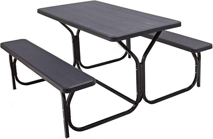 Giantex Picnic Bench Set Outdoor Camping All Weather Metal Base Wood-Like Texture Backyard Poolside Dining Party Garden Lawn Deck Large Picnic Tables for Adult (Black)
