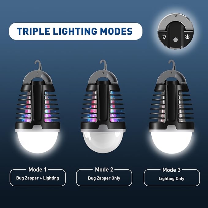 Portable Bug Zapper Outdoor Indoor, Electric Mosquito Fly Killer Lamp with Three Lighting Mode, USB Rechargeable Light Bulb Zapper for Camping, Home, Patio (1 Pack)