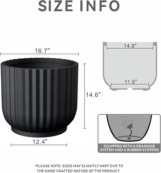 Kante Round Fulted Planter, 16.7 Inch Dia Large Concrete Plant Pots with Drainage Hole and Rubber Plug, Modern Decor for Indoor Outdoor Plants, Flower, Black