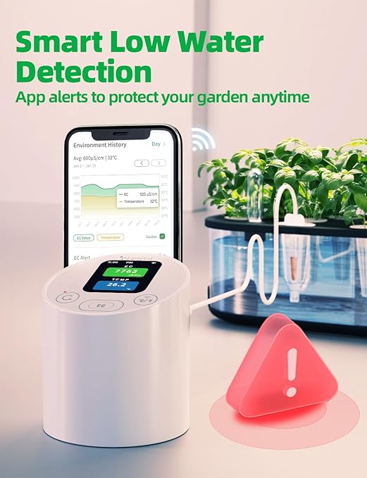 LetPot EC & Temperature Meter with APP, Multi-Layer Electroplated Probe, Water Shortage Reminder, Conductivity Meter for Hydroponic System and Indoor Plant Grow (No Pump)