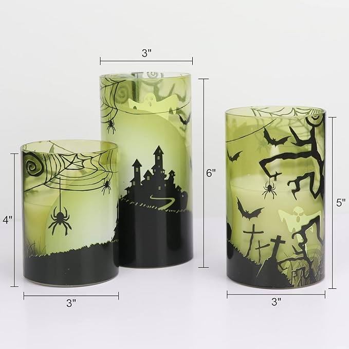 DRomance Spider Glass Flameless Candles with Remote and Timer, Battery Operated Realistic 3D Wick Flickering Real Wax LED Candles Halloween Window Table Holiday Dinner Decor Gifts(3 x 4,5,6 Inches)