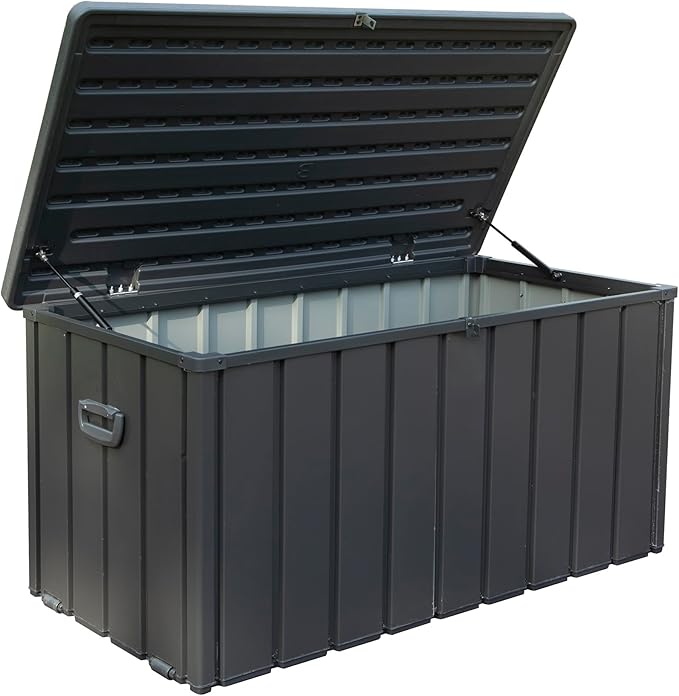 CHUNLY 100 Gallon Outdoor Waterproof Deck Box with Lockable Resin Lid, Storage Bench w/Mobility Rollers, All-weather Patio Storage Box for Outside Furniture Cushions, Garden Tools (Dark Gray)