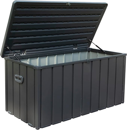 100 Gallon Outdoor Storage Deck Box Waterproof, Large Patio Storage Bin for Outside Cushions, Throw Pillows, Garden Tools, Lockable (Dark Gray Resin Lid)