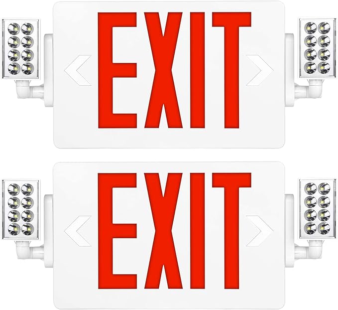 SPCETSUN 2 Packs Red Exit Sign With Emergency Lights, LED Battery Backup, UL Listed, AC 120/277V, Double Face Commercial Light Combo for Business