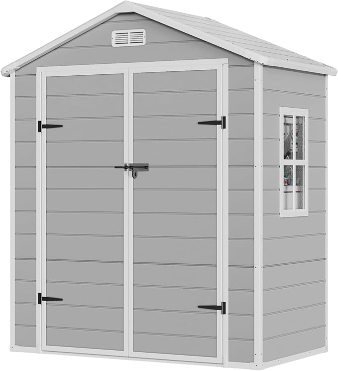 CDCASA 6x3 FT Resin Storage Shed, Waterproof Outdoor Storage Sheds with Floor & Window & Double Lockable Doors, Tool Shed for Garden, Patio, Backyard, Light Grey