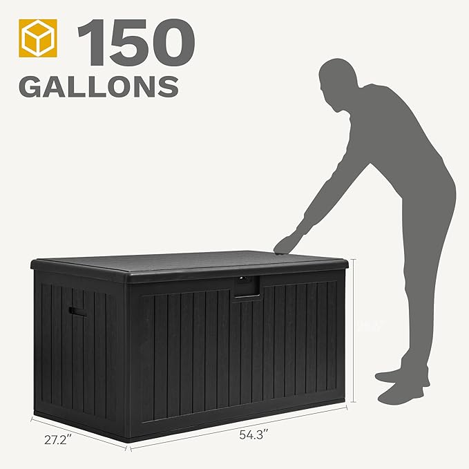 DWVO 150 Gallon Resin Outdoor Storage Box, XXL Double-Wall Waterproof Deck Box, Doubles as Table or Seating with 1000 lbs Capacity, Lockable (Black)