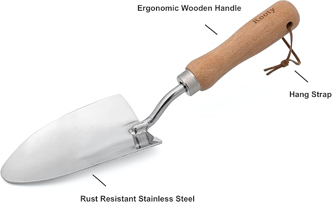 Rooty Gardening Hand Trowel with Stainless Steel, Wooden Handle,Easy forTransplanting,Weeding,Digging,Planting/Rust Resisitant