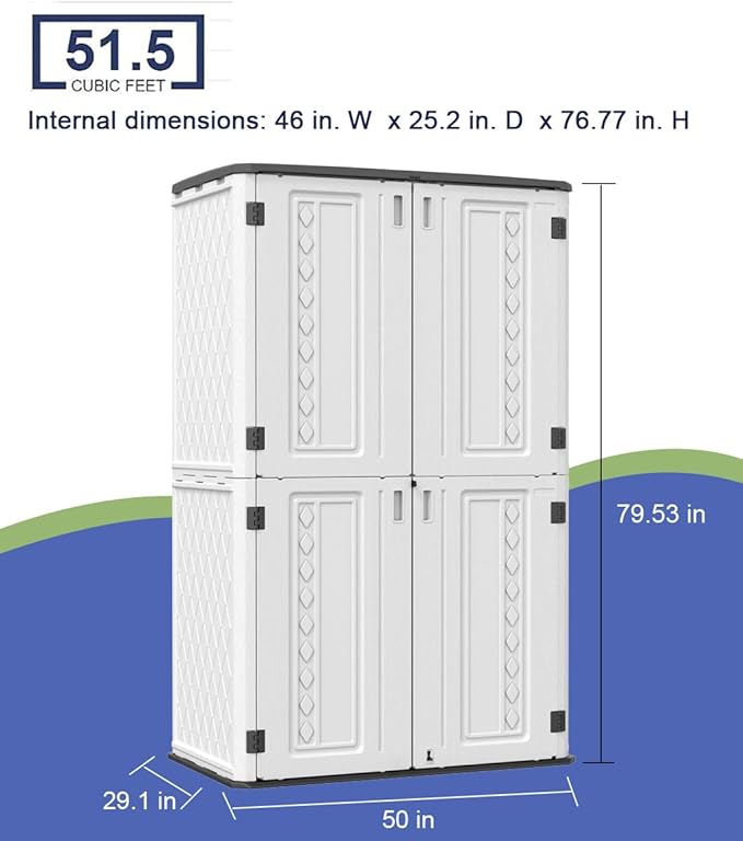 Outdoor Storage Shed,KINYING Outdoor Storage Cabinet Waterproof with Double Doors,52 Cu.ft Resin Vertical Tool Shed for Garden,Patio,Backyard,4×2.5×6.6 FT