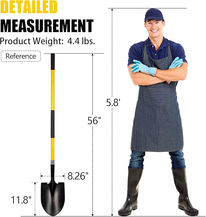 Heavy Duty Gardening Shovel, 56 Inch Round Blade with Fiberglass Handle (Yellow)