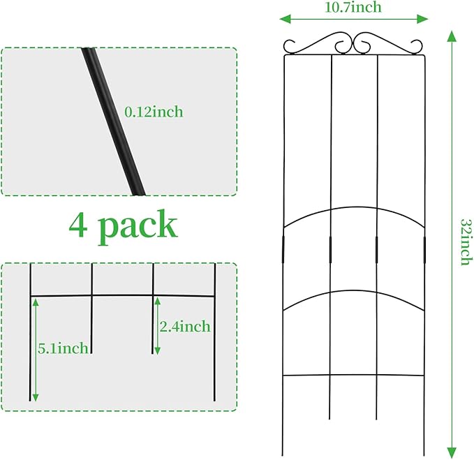 32 Inch Metal Plant Trellis for Climbing Plants Outdoor，4 Pack Garden Trellis for Potted Climbing Plants Indoor Houseplants Flowers Vine Ivy,Black,Rectangle