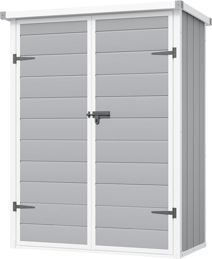 UDPATIO 4.3x5.6ft Resin Outdoor Storage Shed, Vertical Tool Shed with Shelving Brackets for Patio Pool Lawn Garden, Grey White