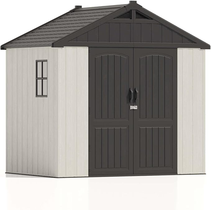 Patiowell 8 x 6 FT Plastic Outdoor Storage Shed with Floor, Resin Shed with Window and Lockable Door for Garden, Backyard, Tool Storage Use, Easy to Install in Beige (Kick-it Shed)