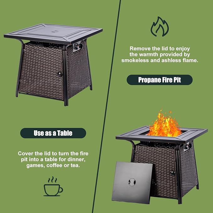 28 inch Wicker Propane Fire Pit Table,Gas Fire Pits Table for Outside,50000 BTU Propane Firepit with Lid &Lava Rocks,Gas Firepit for Garden,Yard (Brown Rattan)