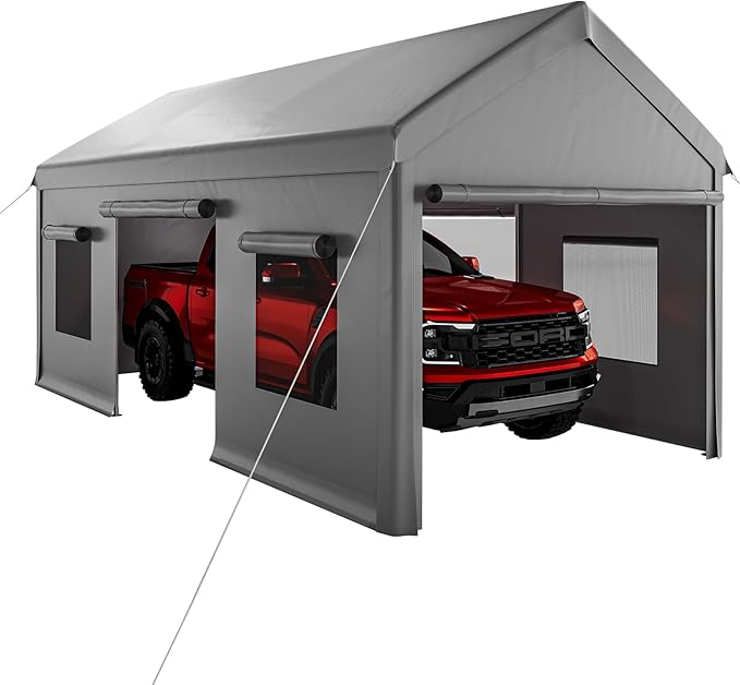 10 X 20FT Heavy Duty Carport, Portable Garage with Roll-Up Windows,Removable Sidewalls & Doors, Outdoor Tent Garage for Car,Truck,Boat